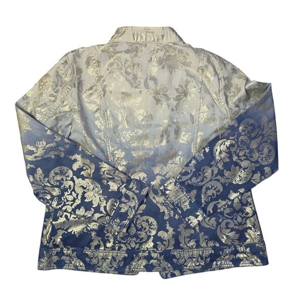 Chico's Foil‎ Print Open Front Jacket Size 2/L Blue to White Ombre Zip Pockets - Picture 2 of 10